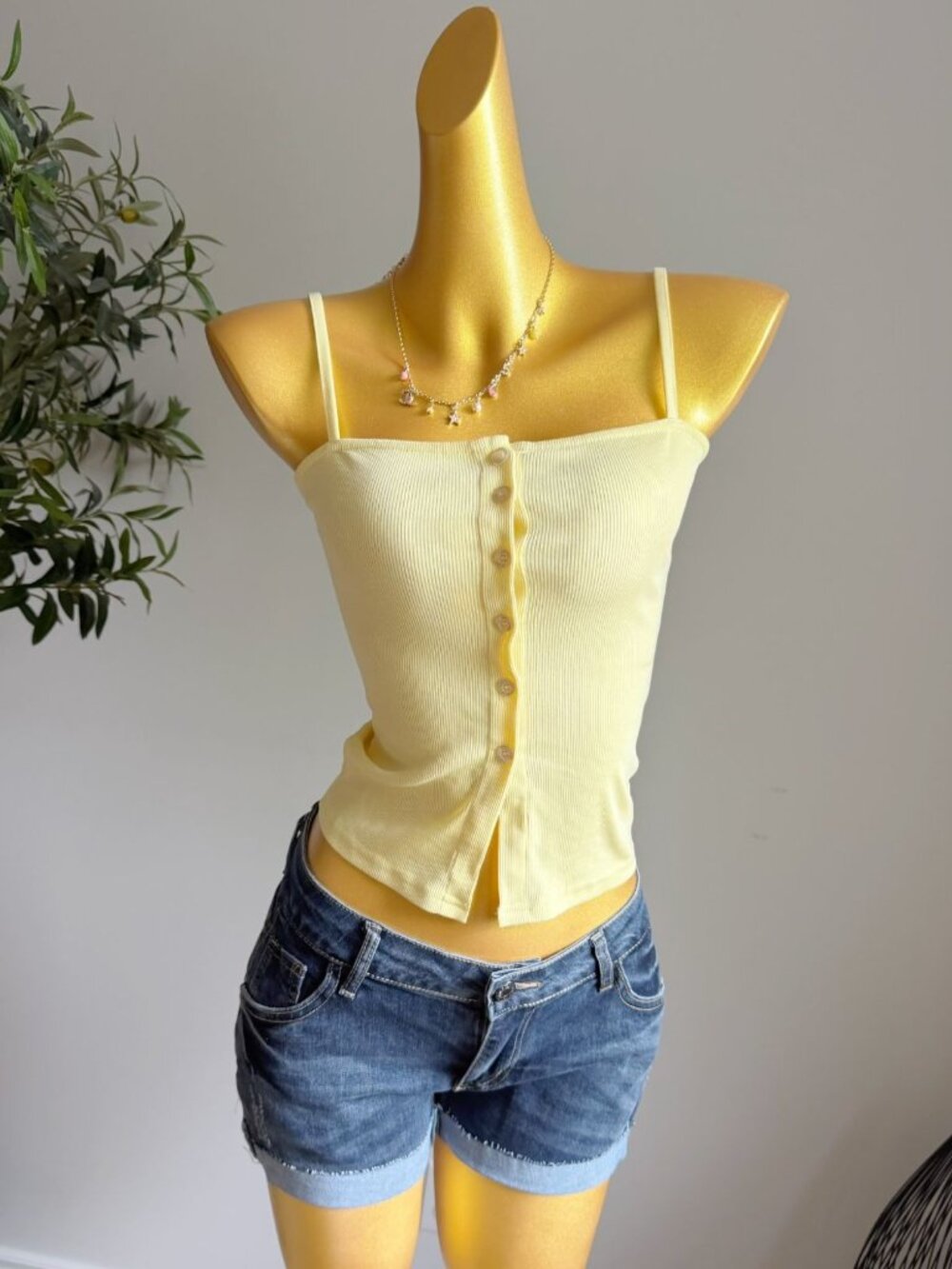 Butter Yellow Ribbed Button Front Cami Top Size S